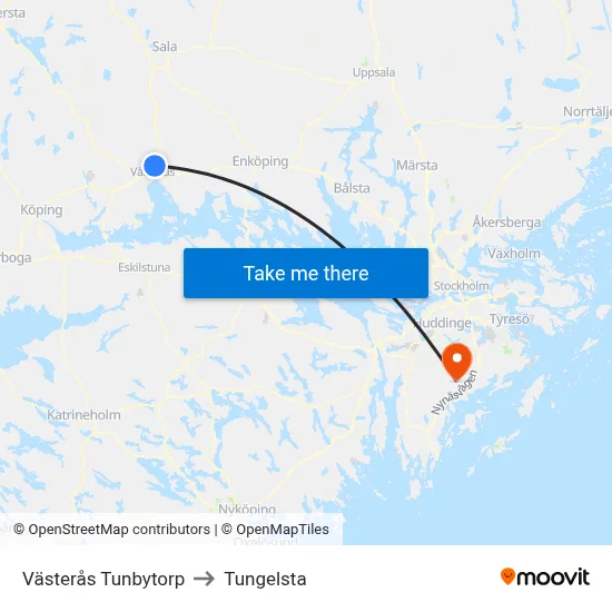 Västerås Tunbytorp to Tungelsta map