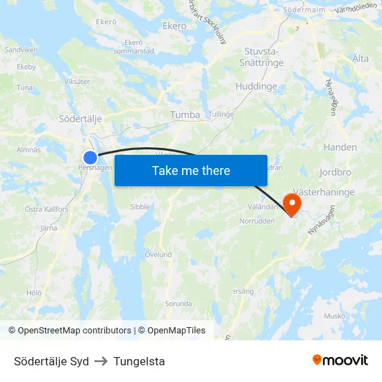 Södertälje Syd to Tungelsta map