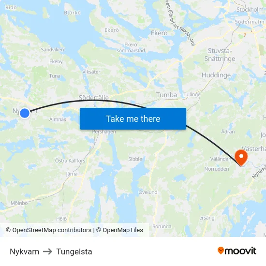 Nykvarn to Tungelsta map