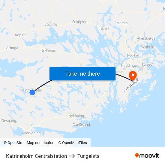 Katrineholm Centralstation to Tungelsta map