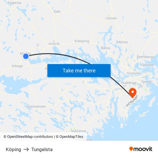 Köping to Tungelsta map