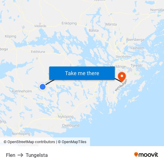 Flen to Tungelsta map