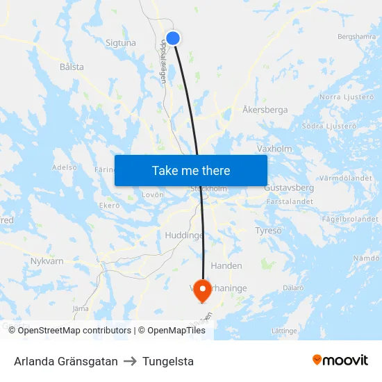 Arlanda Gränsgatan to Tungelsta map