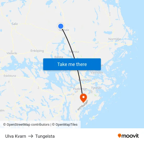 Ulva Kvarn to Tungelsta map