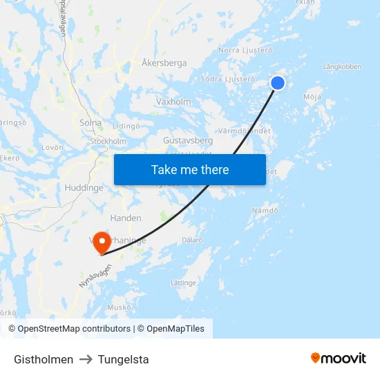 Gistholmen to Tungelsta map