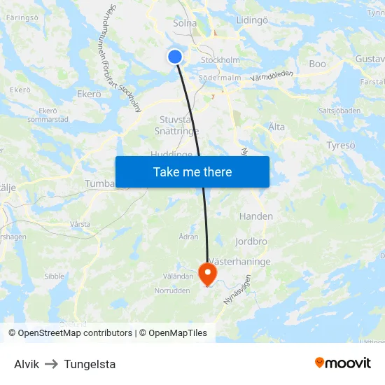 Alvik to Tungelsta map