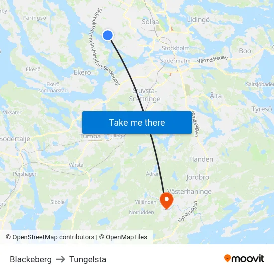 Blackeberg to Tungelsta map