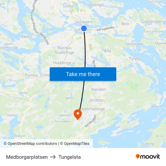 Medborgarplatsen to Tungelsta map