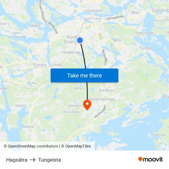 Hagsätra to Tungelsta map