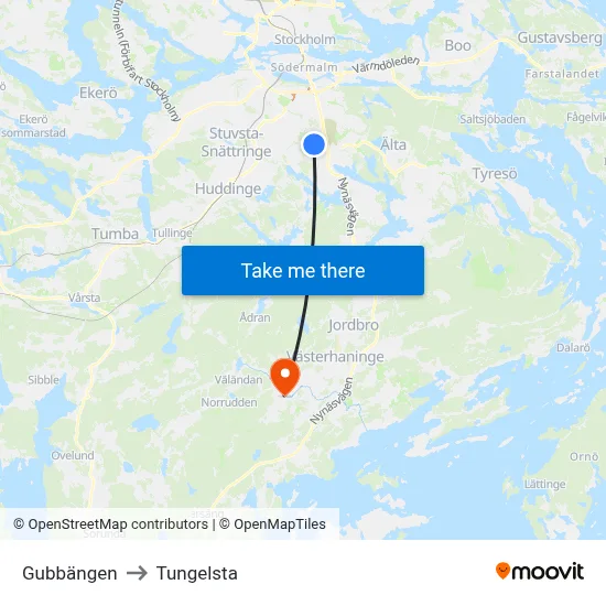 Gubbängen to Tungelsta map