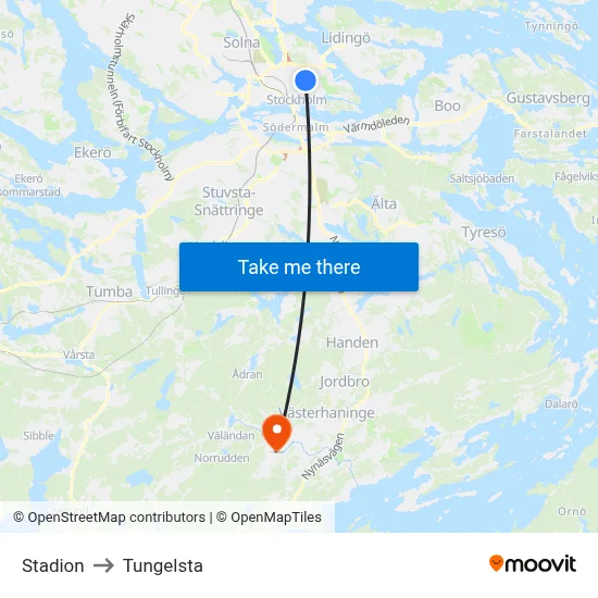 Stadion to Tungelsta map