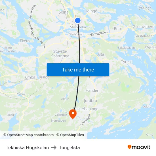 Tekniska Högskolan to Tungelsta map