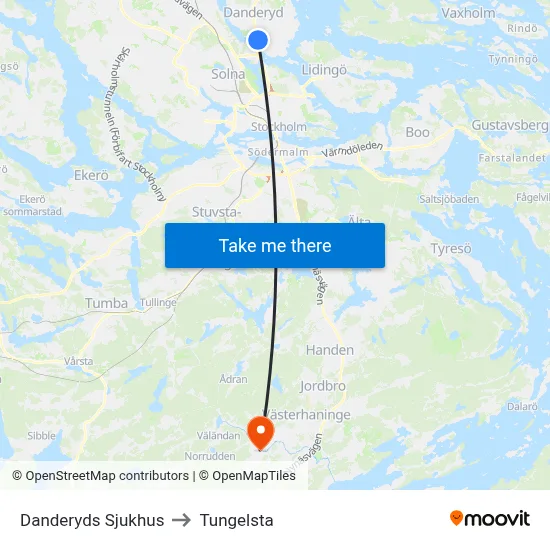 Danderyds Sjukhus to Tungelsta map