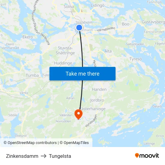 Zinkensdamm to Tungelsta map
