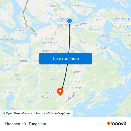 Skansen to Tungelsta map