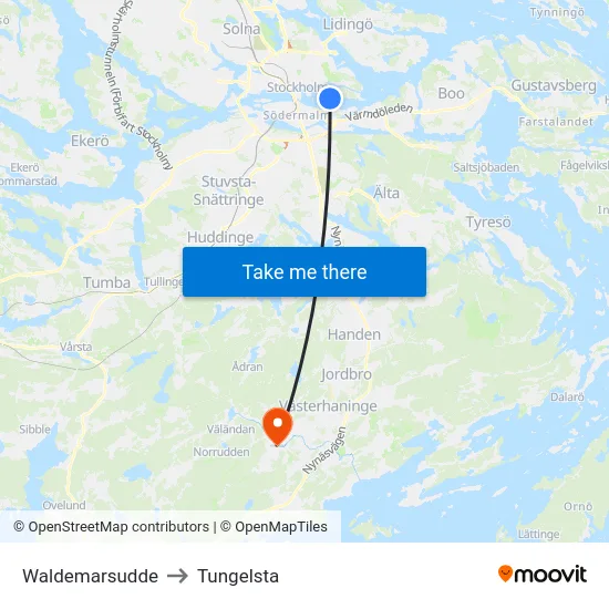 Waldemarsudde to Tungelsta map