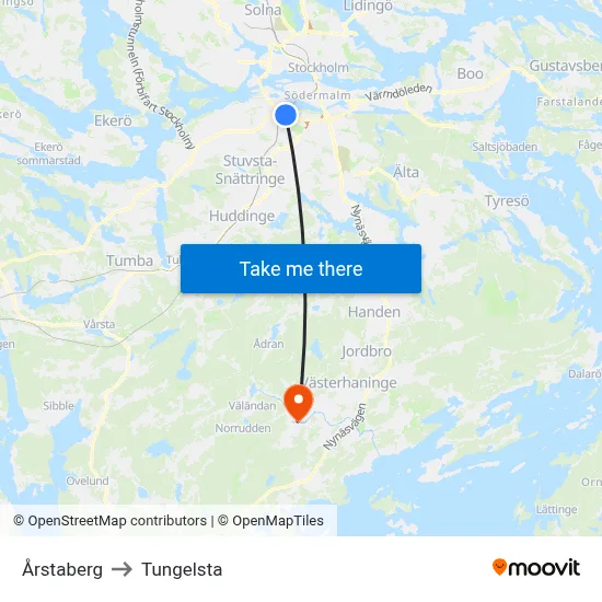 Årstaberg to Tungelsta map