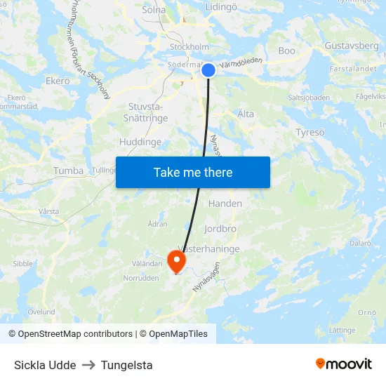 Sickla Udde to Tungelsta map