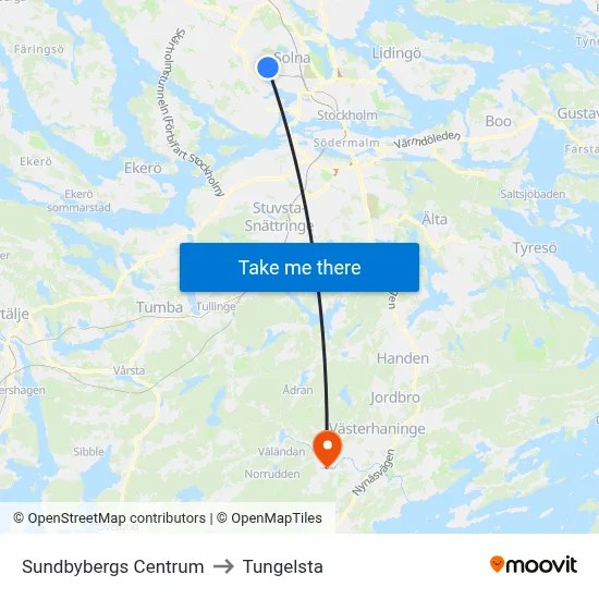 Sundbybergs Centrum to Tungelsta map