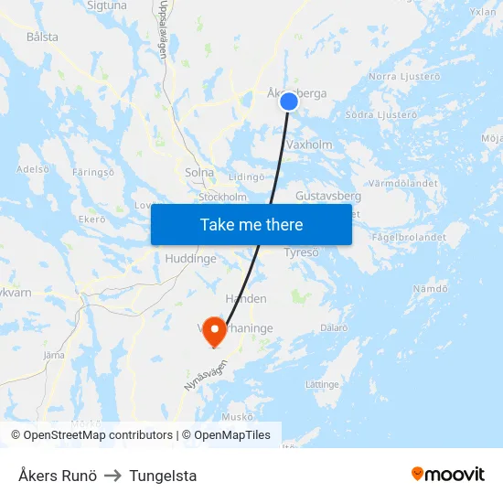 Åkers Runö to Tungelsta map