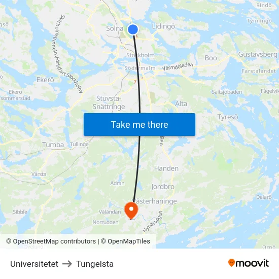 Universitetet to Tungelsta map