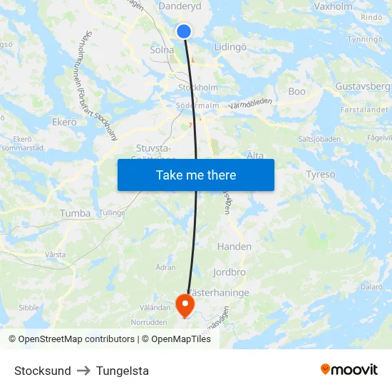 Stocksund to Tungelsta map