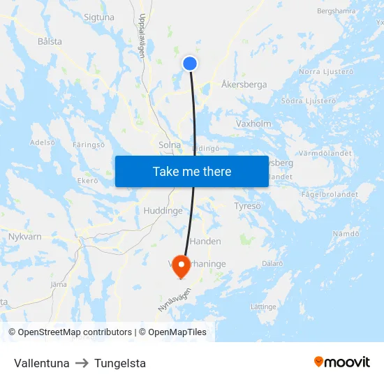 Vallentuna to Tungelsta map