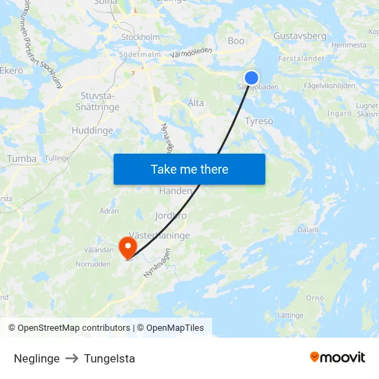 Neglinge to Tungelsta map
