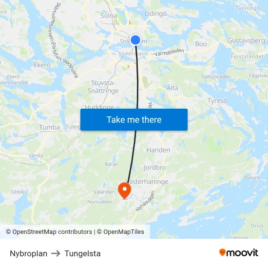 Nybroplan to Tungelsta map