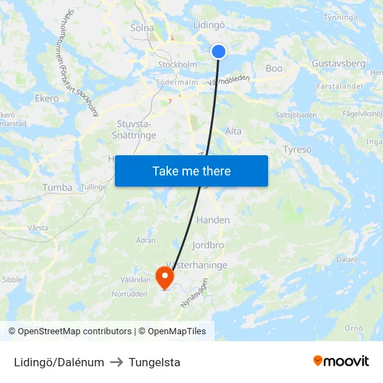 Lidingö/Dalénum to Tungelsta map