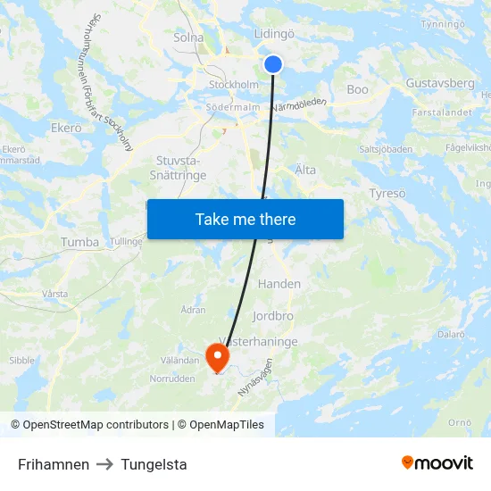 Frihamnen to Tungelsta map
