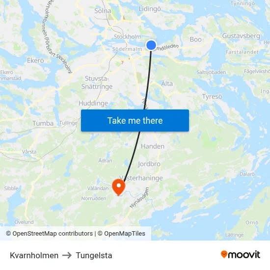 Kvarnholmen to Tungelsta map
