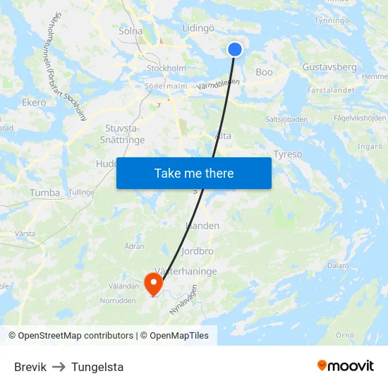 Brevik to Tungelsta map