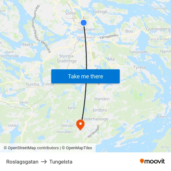 Roslagsgatan to Tungelsta map