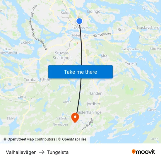 Valhallavägen to Tungelsta map