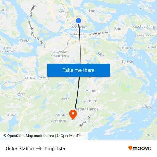 Östra Station to Tungelsta map