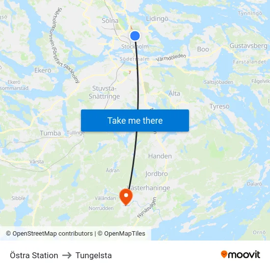 Östra Station to Tungelsta map