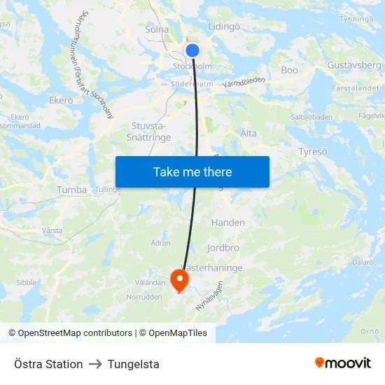 Östra Station to Tungelsta map