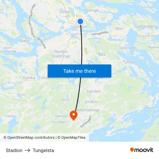Stadion to Tungelsta map