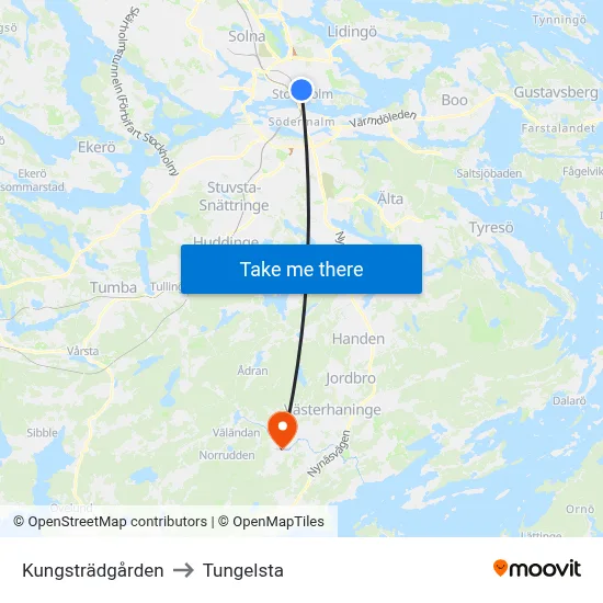 Kungsträdgården to Tungelsta map