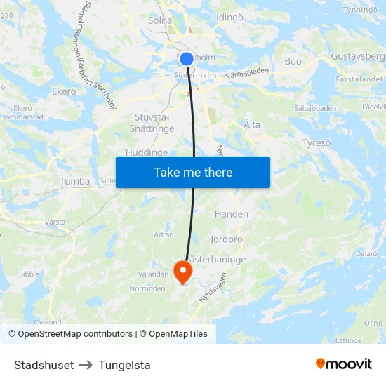 Stadshuset to Tungelsta map