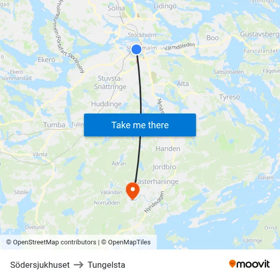 Södersjukhuset to Tungelsta map