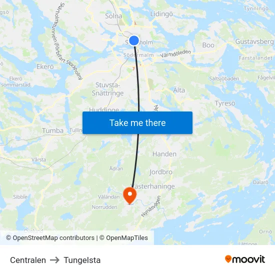 Centralen to Tungelsta map