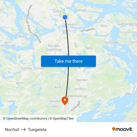 Norrtull to Tungelsta map