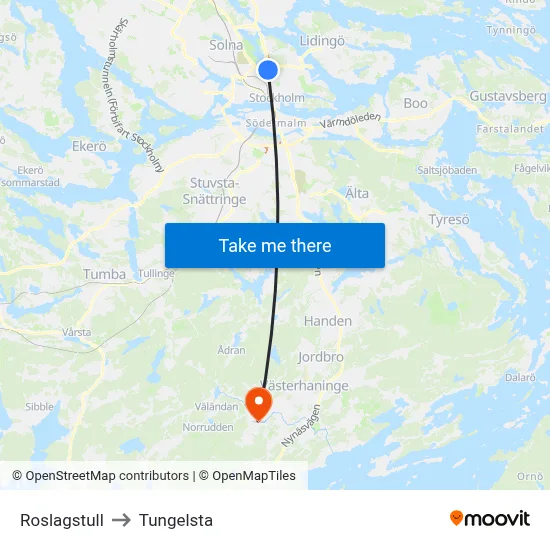 Roslagstull to Tungelsta map