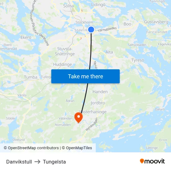 Danvikstull to Tungelsta map