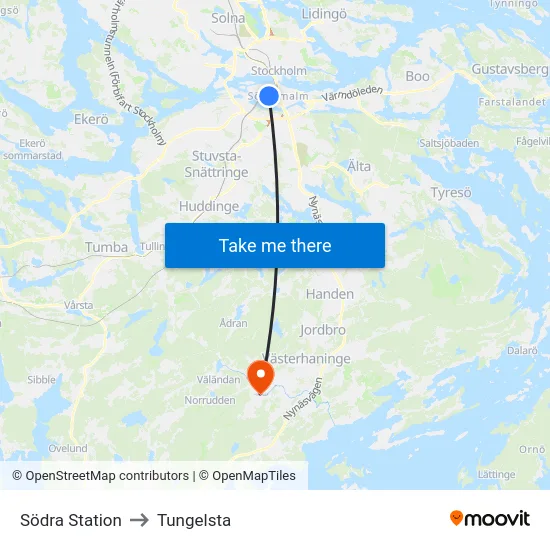 Södra Station to Tungelsta map