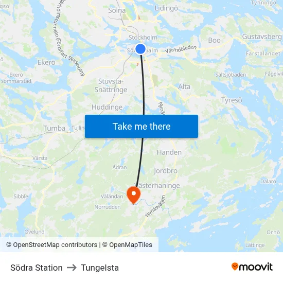 Södra Station to Tungelsta map