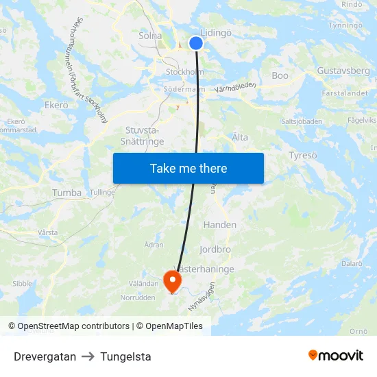 Drevergatan to Tungelsta map