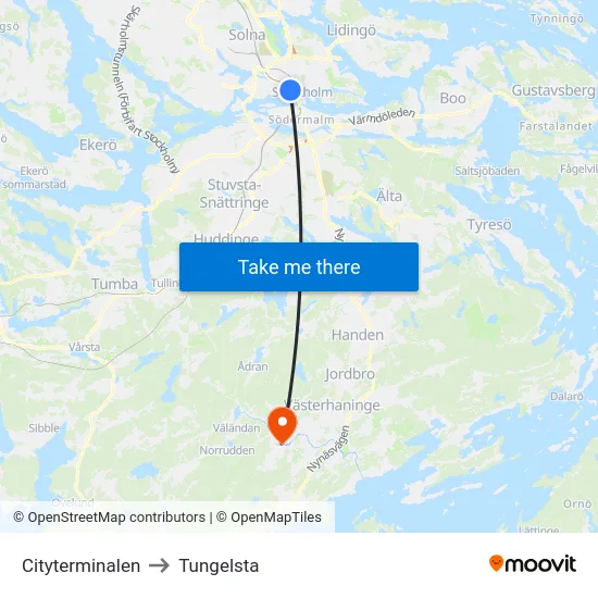 Cityterminalen to Tungelsta map